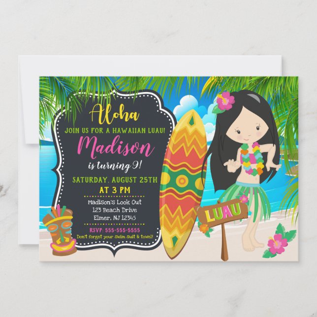 Convite de Aniversário Luau Aloha Convites (Frente)