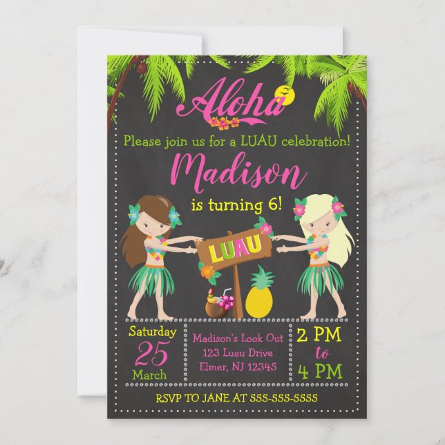 Convite de Aniversário Luau Convites Aloha (Frente)