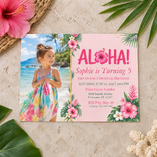 Convite de Aniversário Luau Rosa Floral Tropical A
