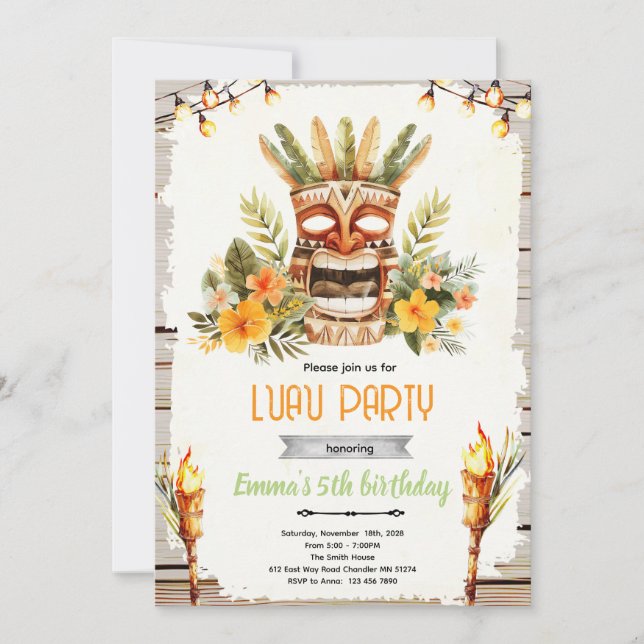 convite de aniversário luau tiki (Frente)