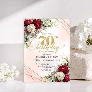 Convite de Aniversário Luxo Dourado Floral 70 Anos