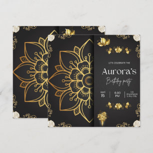 Convite de Aniversário Luxo Dourado Mandala e Flor
