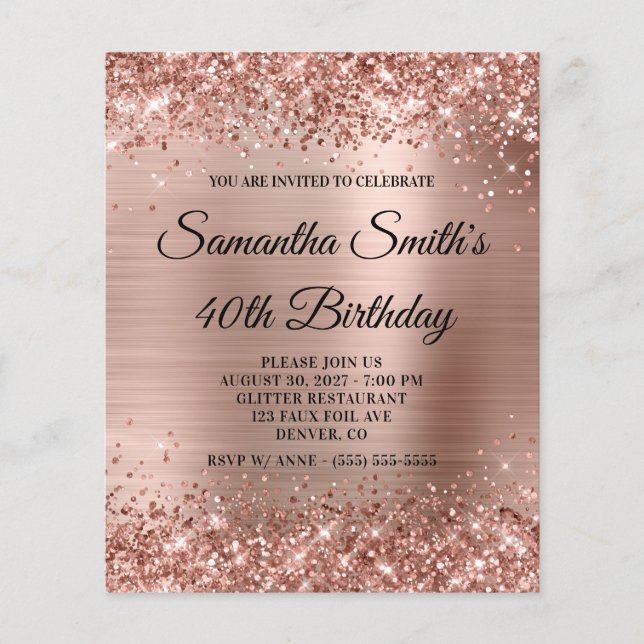 Convite de Aniversário Luxuoso Rosa Dourado Brilha (Frente)
