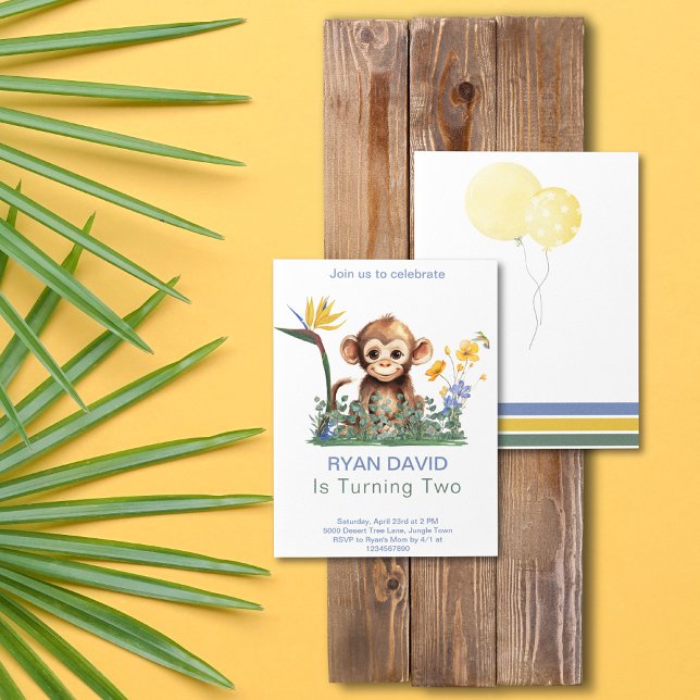 Convite de aniversário macaco (Safari Jungle Monkey Tropical Flowers Watercolor Balloons Green Yellow Blue Birthday Invitation)