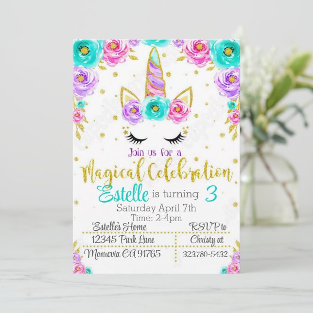 Convite de aniversário Magical Unicorn (Em pé/Frente)