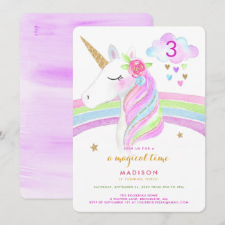 Convite de aniversário mágico do Unicórn Rainbow