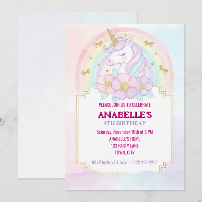 Convite de Aniversário Mágico Personalizado de Uni (Frente/Verso)