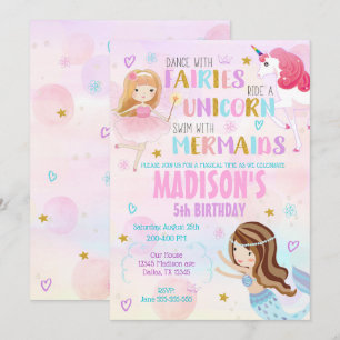 Convite de aniversário mágico Sereia Unicorn Fada