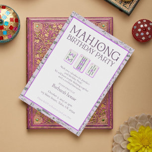 Convite de aniversário Mahjong, toalha roxa