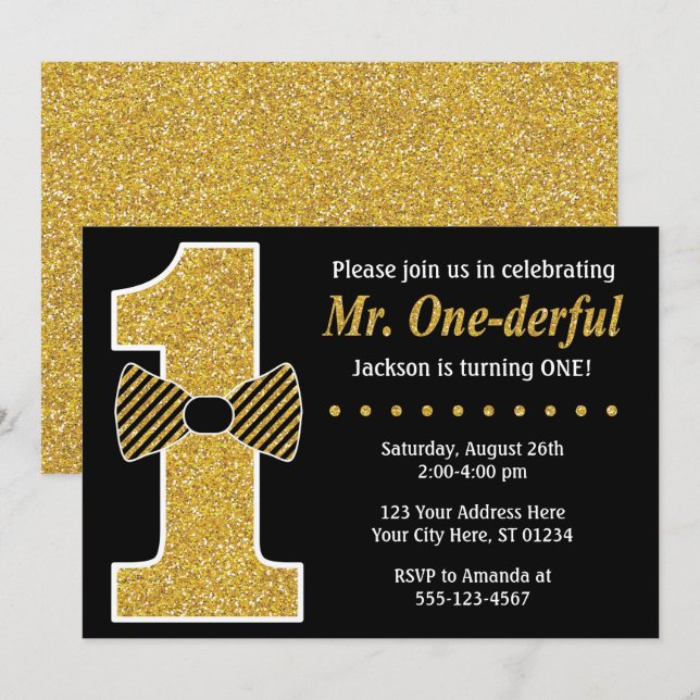 Convite de aniversário maravilhoso - Preto e Doura (Frente/Verso)