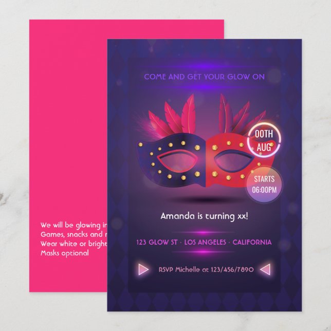 Convite de Aniversário Máscara Neo Masquerade (Frente/Verso)