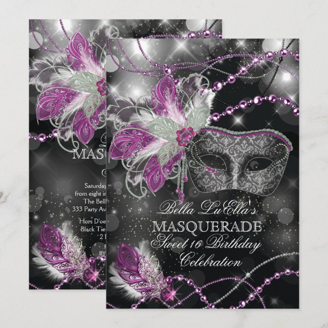 Convite de aniversário Mascarada de Mardi Gras (Frente/Verso)