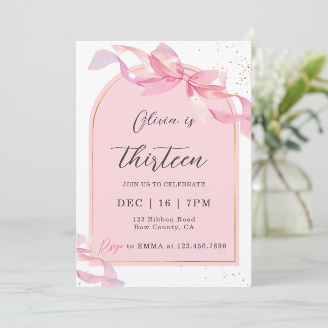 Convite de Aniversário Menina Arco Rosa Dourado Fo (Em pé/Frente)