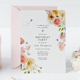 Convite de Aniversário Menina com Flores e Abelha