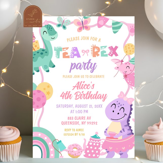 Convite de aniversário Menina Dinossauro Pastel Te (Criador carregado)