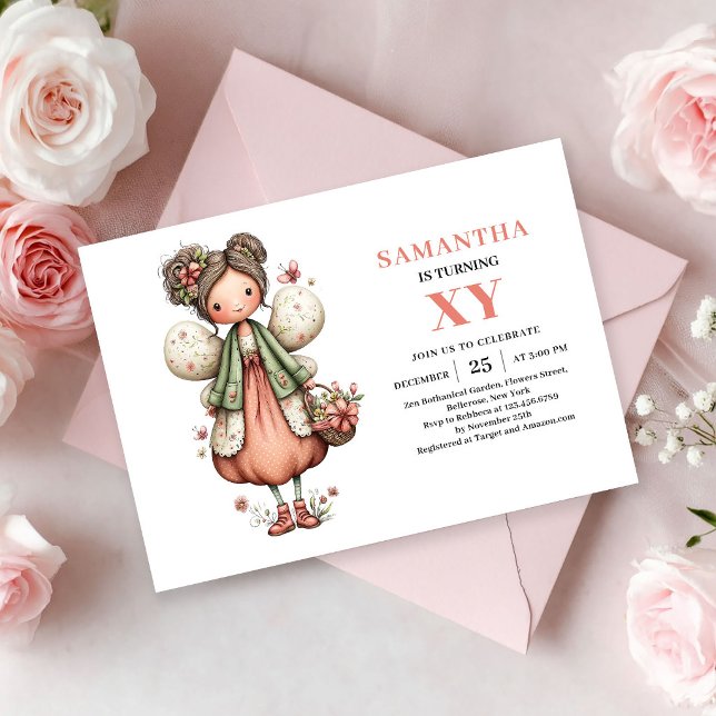 Convite de Aniversário Menina Fada Fofa com Tom Pa (Cute Fairy Girl Birthday Pastel Blush invitation)