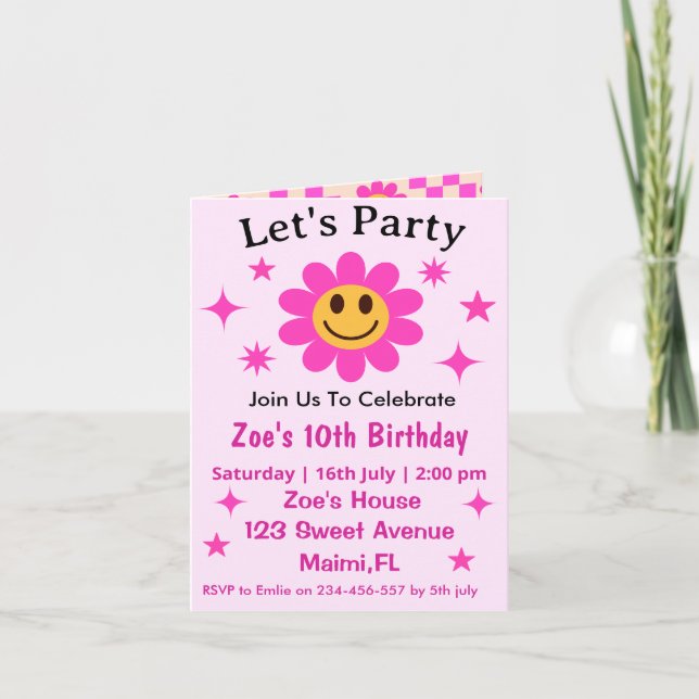 Convite de Aniversário Menina Flor Rosa Xadrez Sor (Frente)