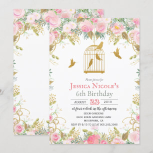CONVITE DE ANIVERSÁRIO MENINA Floral Birdcage PARA
