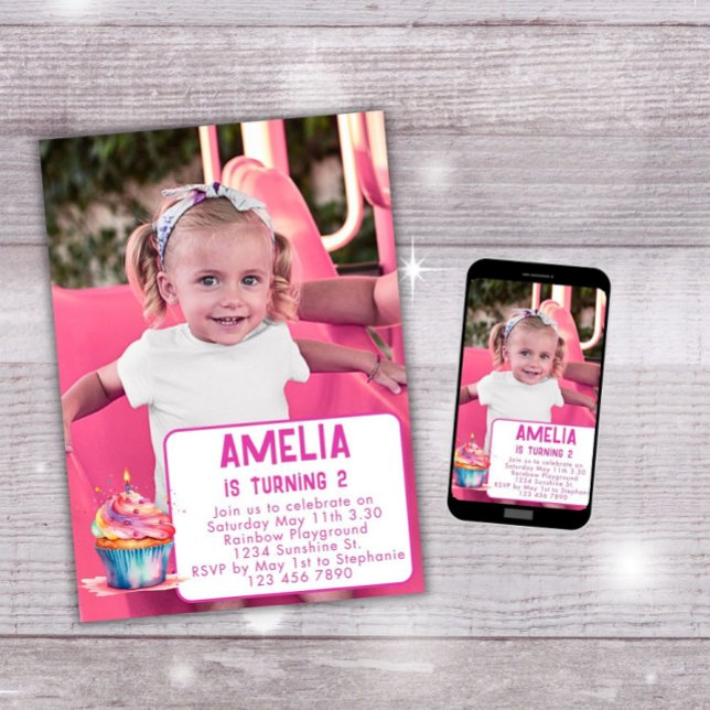 Convite de Aniversário Menina Foto Cupcake Rosa (Criador carregado)
