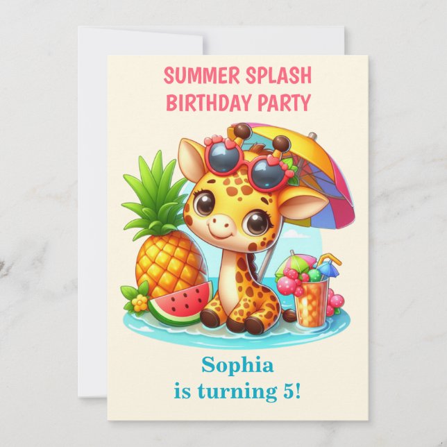 Convite de Aniversário Menina Girafa Verão Splash  (Frente)