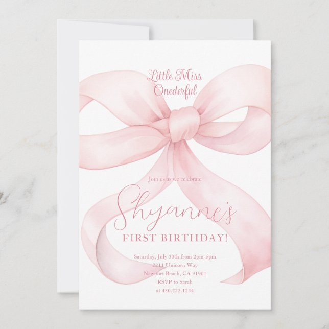 Convite de Aniversário Menina Laço Rosa Coquette (Frente)