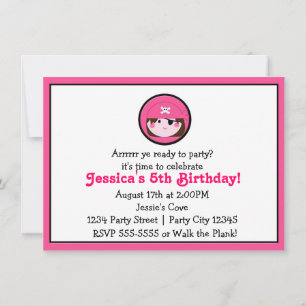Convite de Aniversário Menina Pirata Rosa Cabelo C