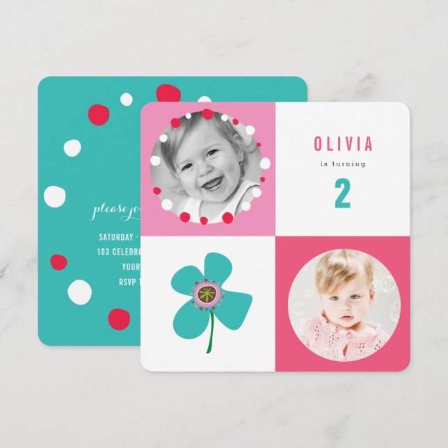 Convite de Aniversário Menina Quadrados Pop Blue D (Frente/Verso)