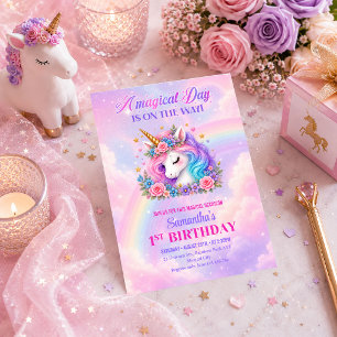 Convite de Aniversário Menina Rosa Roxo Unicórnio 