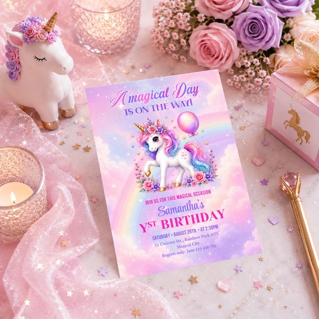 Convite de Aniversário Menina Unicórnio Rosa Paste (Pink Unicorn Pastel Girl Birthday Celebration Invite)