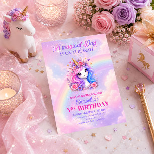 Convite de Aniversário Menina Unicórnio Rosa Roxo