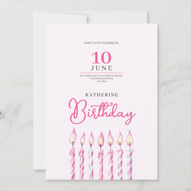 convite de aniversário menina velas rosa (Frente)