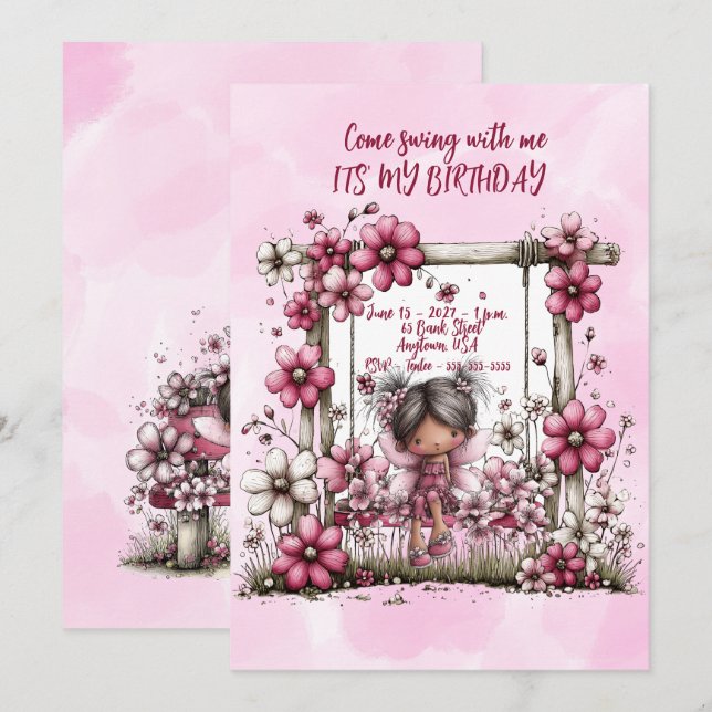 Convite de Aniversário Meninas Venham Balançar Flo (Frente/Verso)