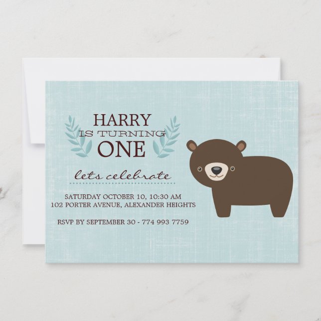 Convite de Aniversário Meninos Urso Floresta Azul  (Frente)