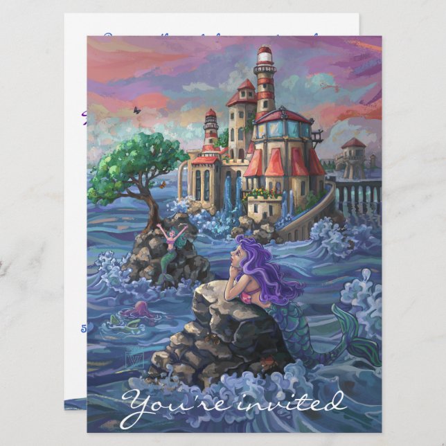 Convite de aniversário Mermaid (Frente/Verso)