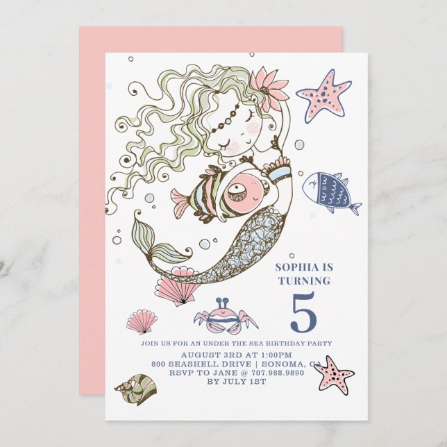 Convite de aniversário Mermaid 5 (Frente/Verso)