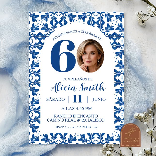 Convite de aniversário mexicano Talavera azul com  (Criador carregado)