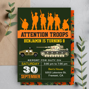 Convite de Aniversário Militar Camuflado para Sold