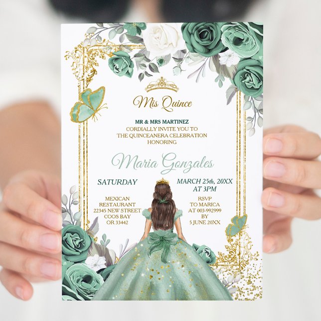 Convite de Aniversário Mis Quince Verde Poeira & B (Criador carregado)