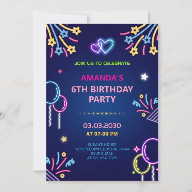 Convite de aniversário Modern Neon Glow Girl (Frente)