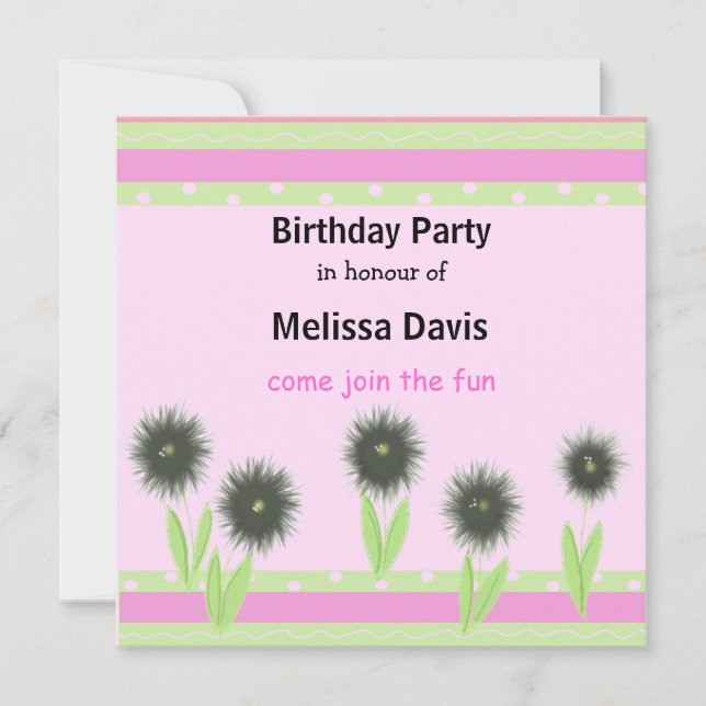 Convite de Aniversário Modernas Flores e Listras (Frente)