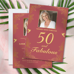 Convite de Aniversário Moderno Dourado Vermelho 50