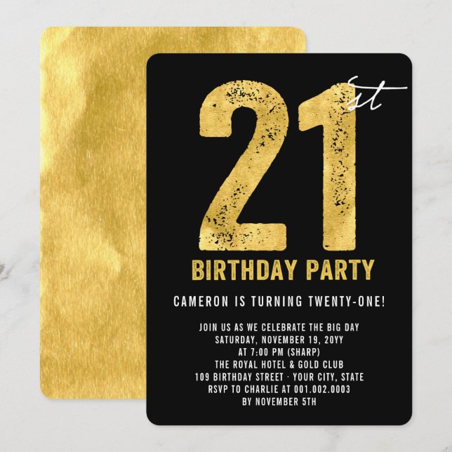 Convite de Aniversário Moderno Gold Twenty One 21 (Frente/Verso)