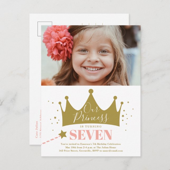 Convite de Aniversário Moderno Princesa Rosa Orçam (Frente/Verso)