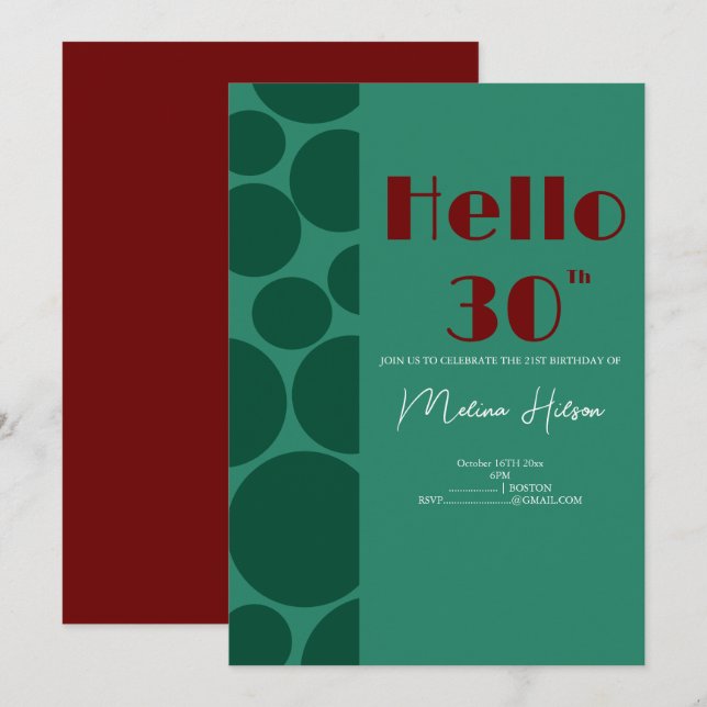 Convite de Aniversário Moderno Verde e Burgundy (Frente/Verso)