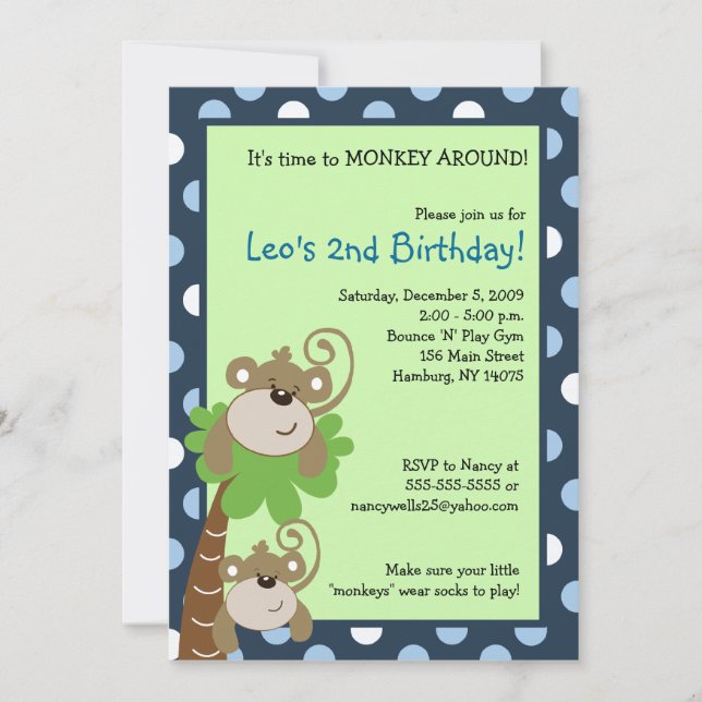 Convite de Aniversário Monkey Time 5x7 Palmeira Se (Frente)