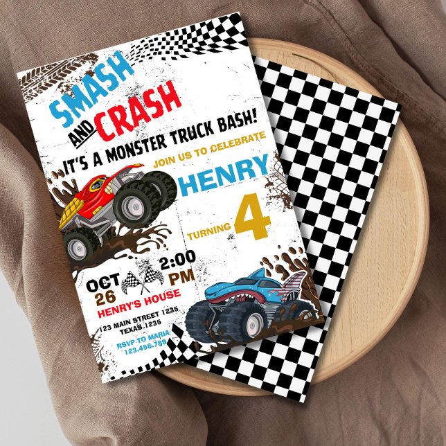 Convite de aniversário Monster Truck (MONSTER TRUCK BIRTHDAY INVITATION, SMASH AND CRASH ITS A MONSTER BASH)