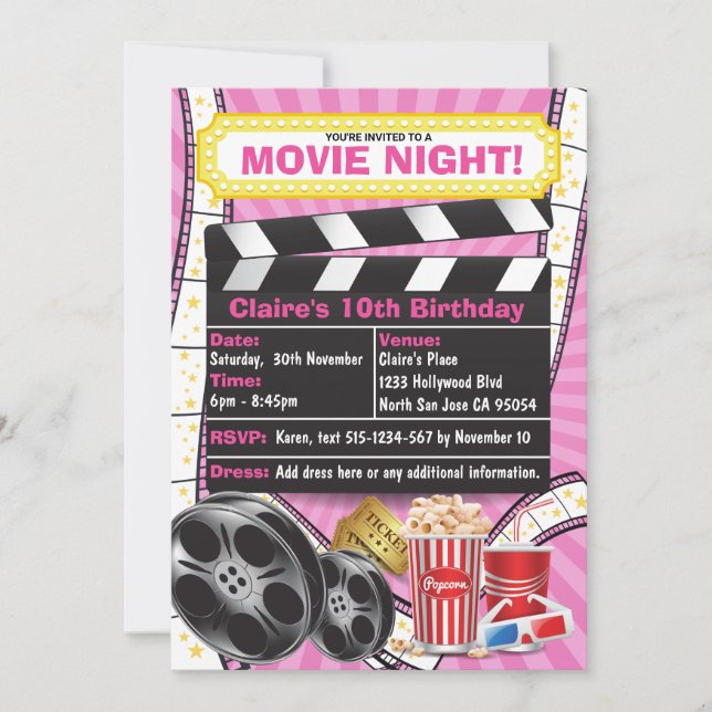 Convite de Aniversário Movie Night Hollywood Clapp (Frente)