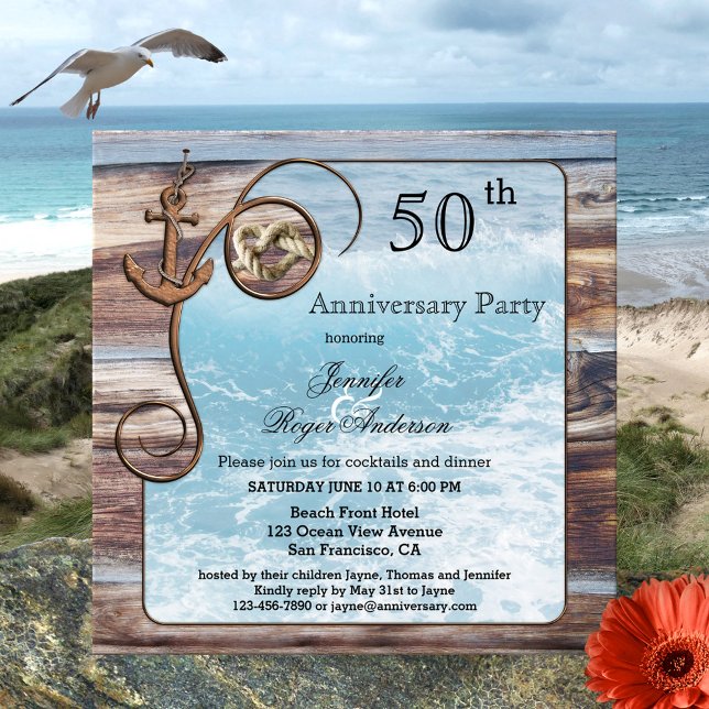 Convite de Aniversário Náutico Rústico (Wedding anniversary invitation featuring ocean waves framed by rustic wood, an anchor and tied knot)