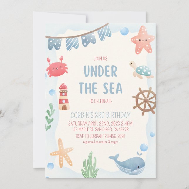 Convite de Aniversário Náutico Sob o Mar (Frente)
