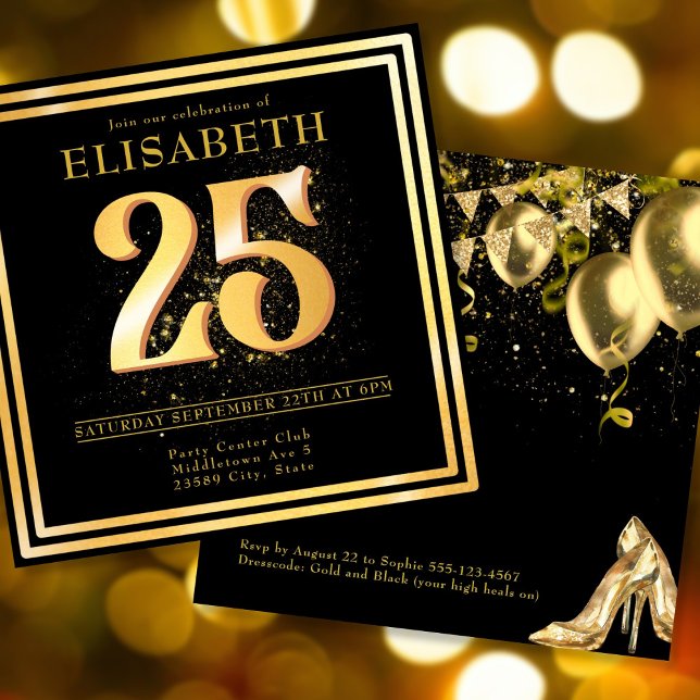 Convite de Aniversário Negro Dourado Elegante 25 (Elegant 25th Gold Black Birthday Invitation.)